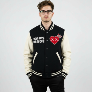 Human Made Kaws Black Wool White Cowhide Sleeves Varsity Letterman Men's Jacket