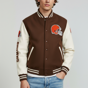 Cleveland Browns Brown Wool Genuine White Cowhide Varsity Women_s Letterman Jacket