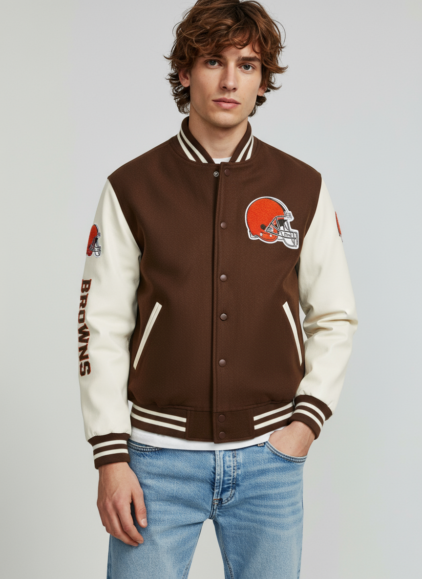 Cleveland Browns Brown Wool Genuine White Cowhide Varsity Women_s Letterman Jacket