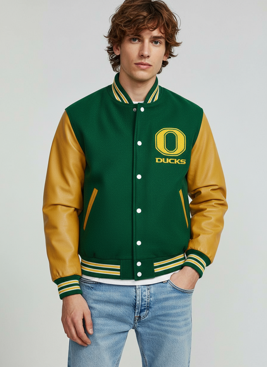 Oregon Ducks Green Wool Genuine Cowhide Sleeves Letterman Varsity Women's Jacket