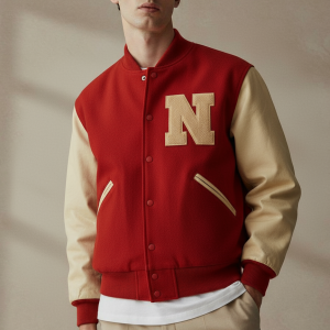 University of Nebraska Letterman Red Wool Genuine Cowhide Bomber Jacket