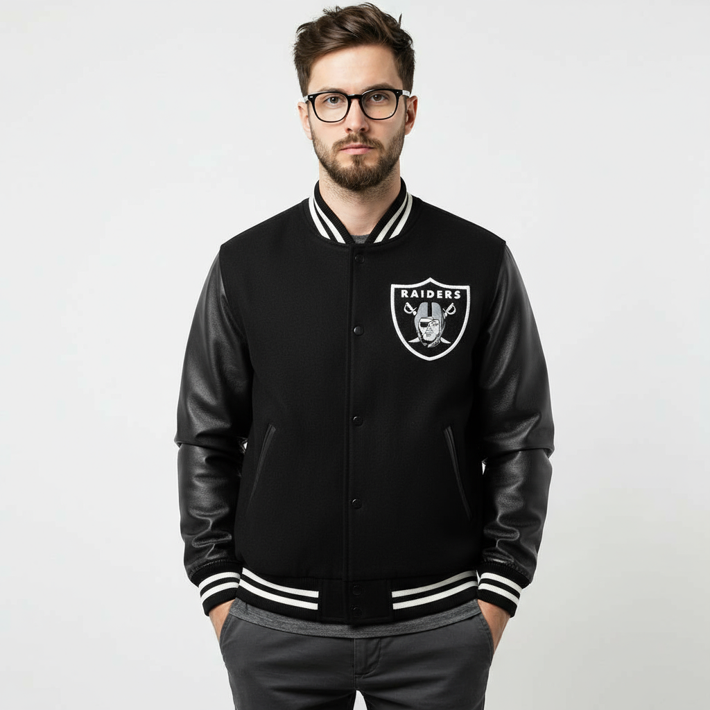Oakland Raiders Black Wool Genuine Cowhide Letterman Varsity Women's Bomber Jacket