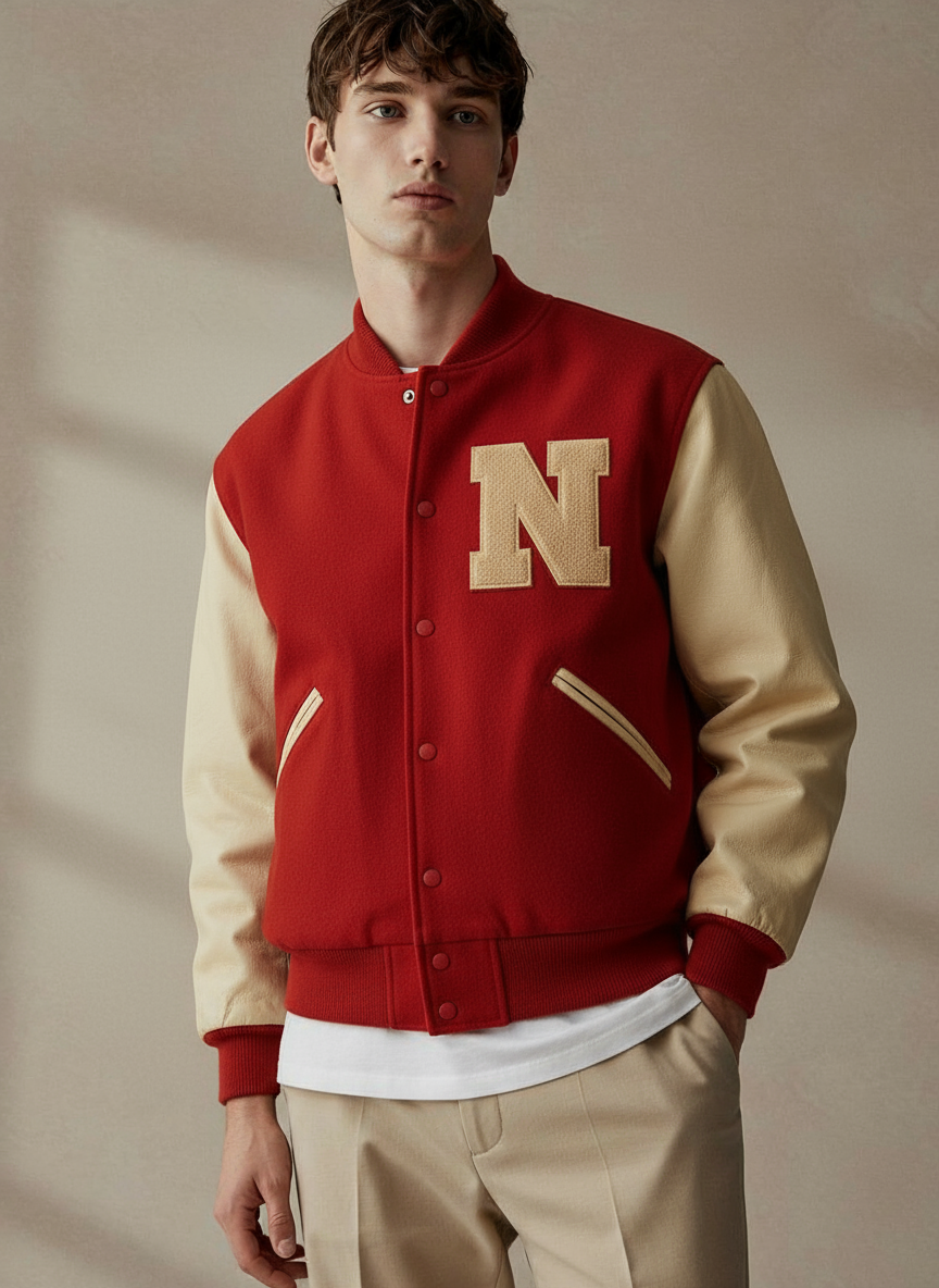 University of Nebraska Letterman Red Wool Genuine Cowhide Bomber Jacket