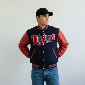 Minnesota Twins Navy Blue Wool Red Cowhide Varsity Men's Letterman Bomber Jacket