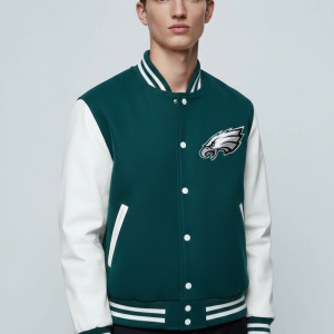 Philadelphia Eagles Green Wool and Cowhide Letterman Varsity Men's Bomber Jacket