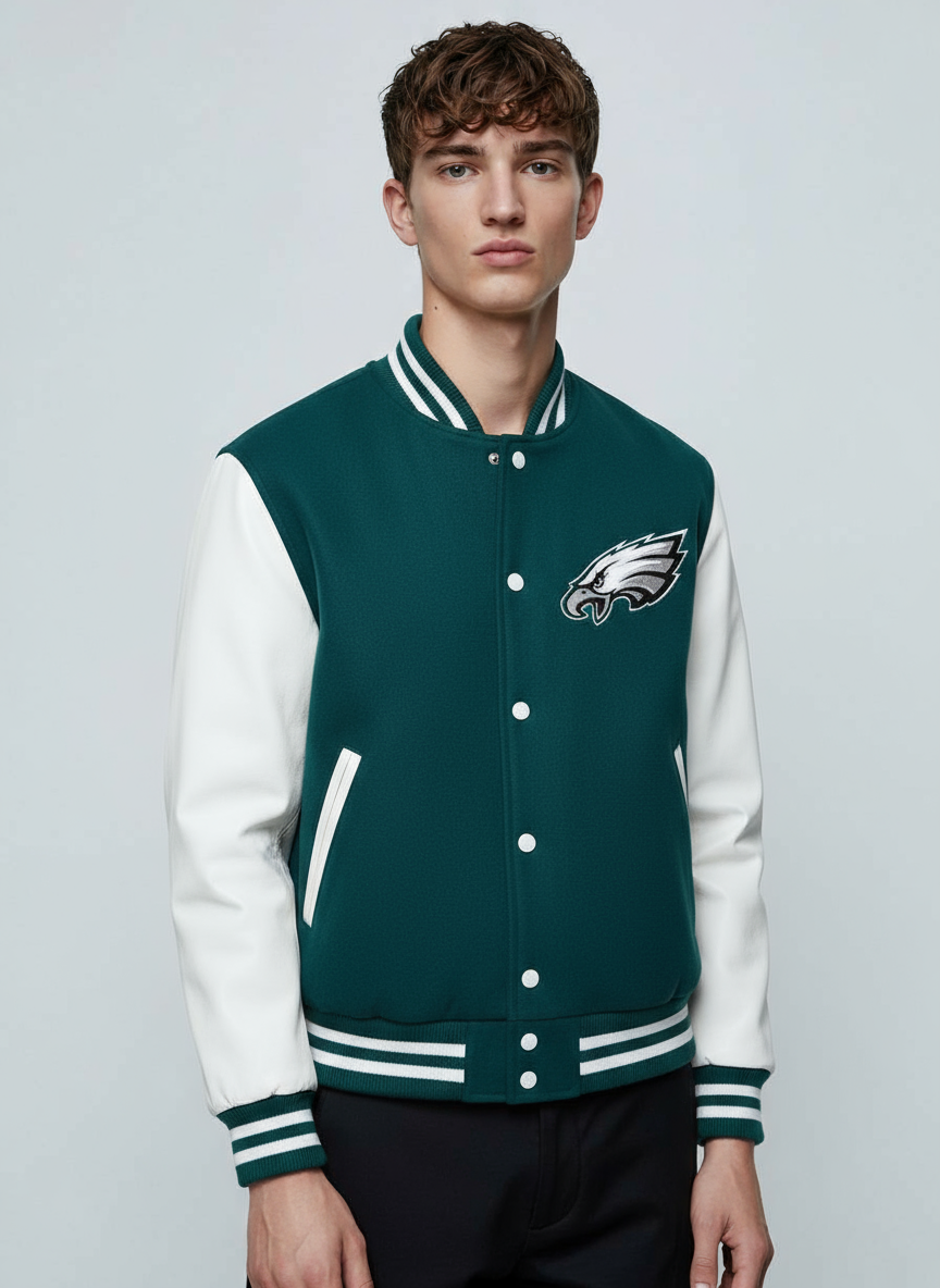 Philadelphia Eagles Green Wool and Cowhide Letterman Varsity Men's Bomber Jacket