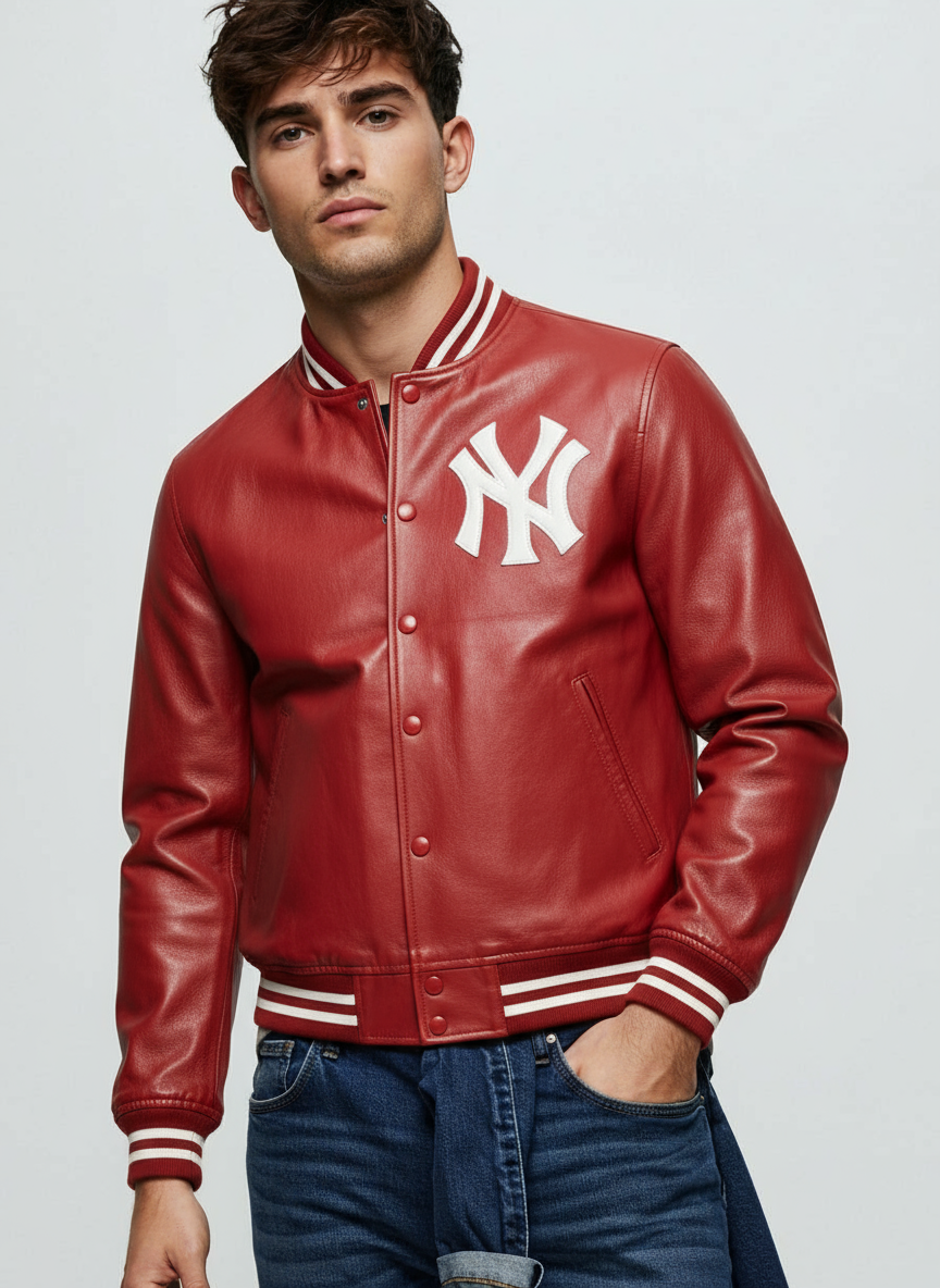 Supreme NY New York Yankees Full-Zip Varsity Red Genuine Cowhide Men's Jacket
