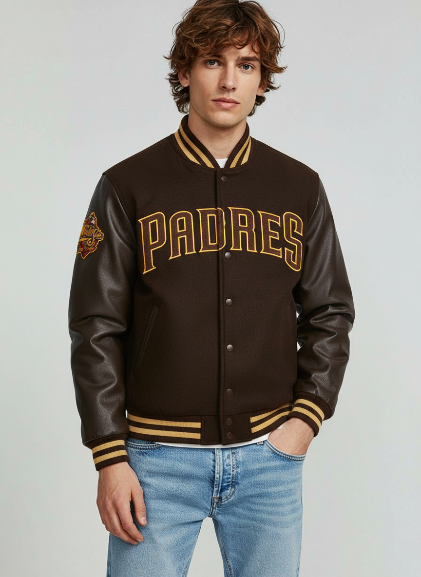 San Diego Padres Brown Wool Full-Snap Varsity Women's Letterman Bomber Jacket - Image 4