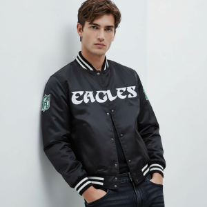 Philadelphia Eagles Full-Snap Black Satin Bomber Women_s Varsity Letterman Jacket