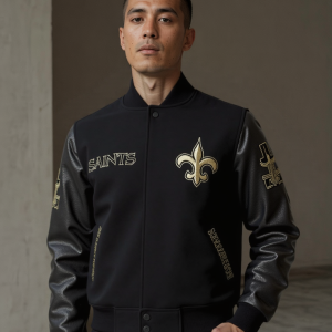 New Orleans Saints Black Wool Genuine Cowhide Sleeves Varsity Letterman Jacket