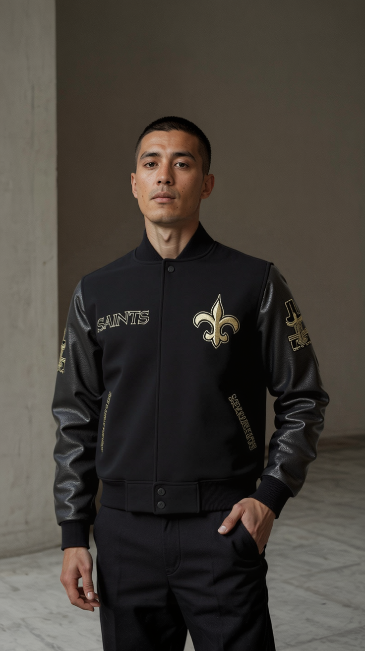 New Orleans Saints Black Wool Genuine Cowhide Sleeves Varsity Letterman Jacket